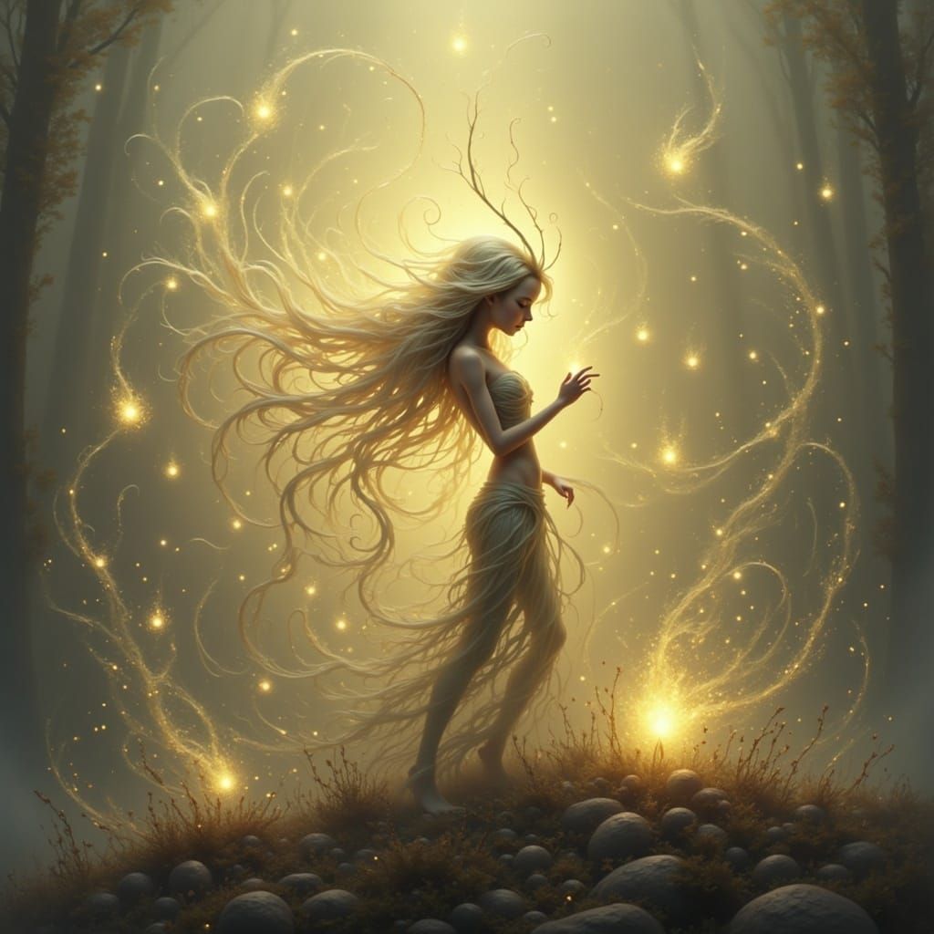 Ethereal Creature Tends Garden of Glowing Seeds in Warm Gold...