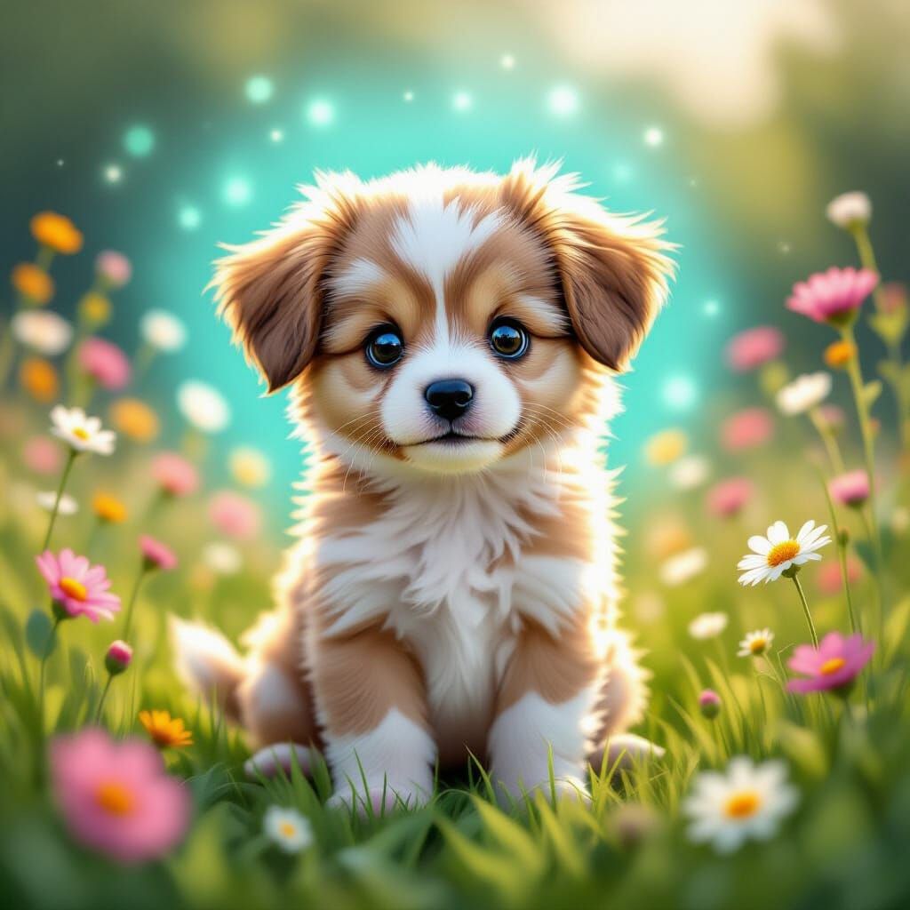Adorable Puppy with Cyan Aura in Wildflower Field