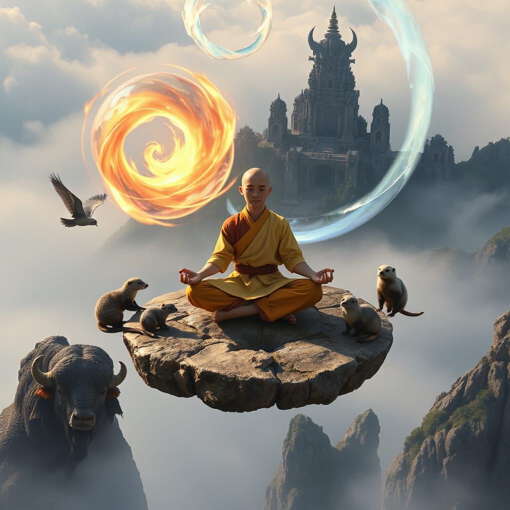 Aang Meditates Amidst Elemental Harmony in a Misty Valley