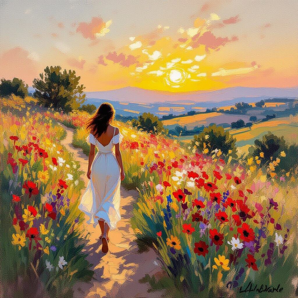 Impressionistic Sunset Walk Among Wildflowers