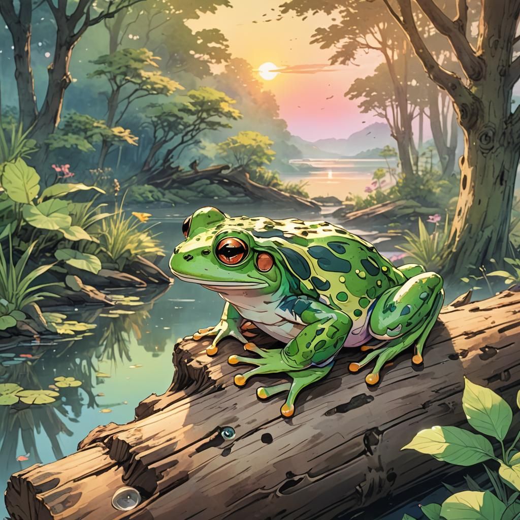 Crowned Frog on Log in Anime Key Visual Style