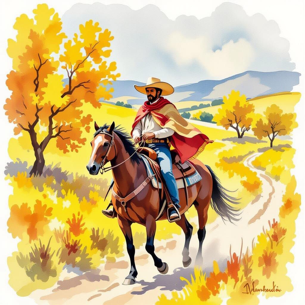 Impressionistic Watercolor of Vaquero Riding Horse