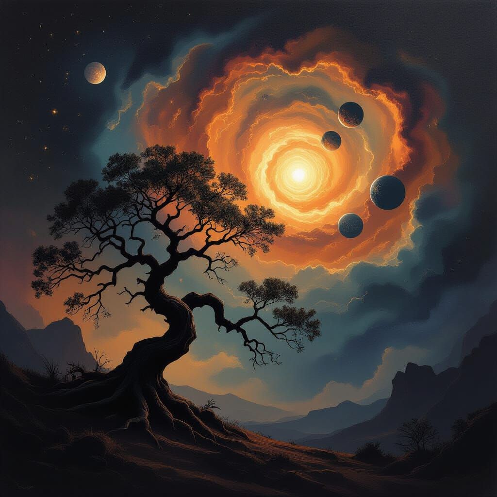 Ancient Tree in Nebula, Cosmic Wonder