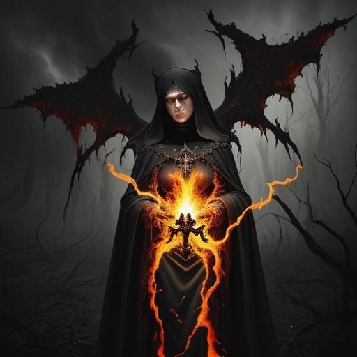 Fiery Nun and Pale Demon in Dark Fantasy Art