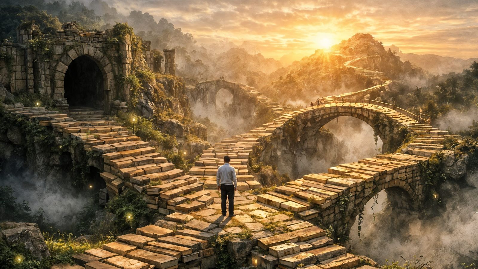 Dreamscape of Book Stairways Leading to Sunrise