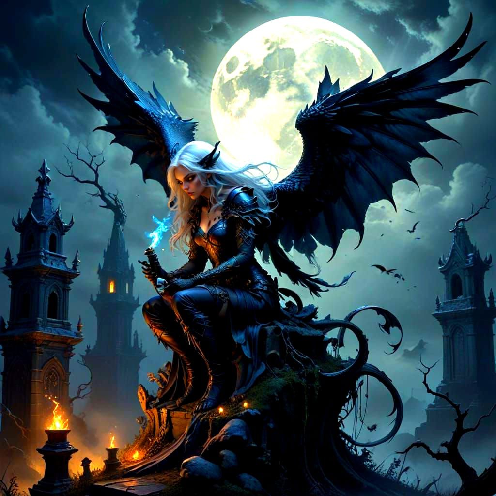 Demonic Harpy Perched Above Graveyard in Dark Fantasy Art