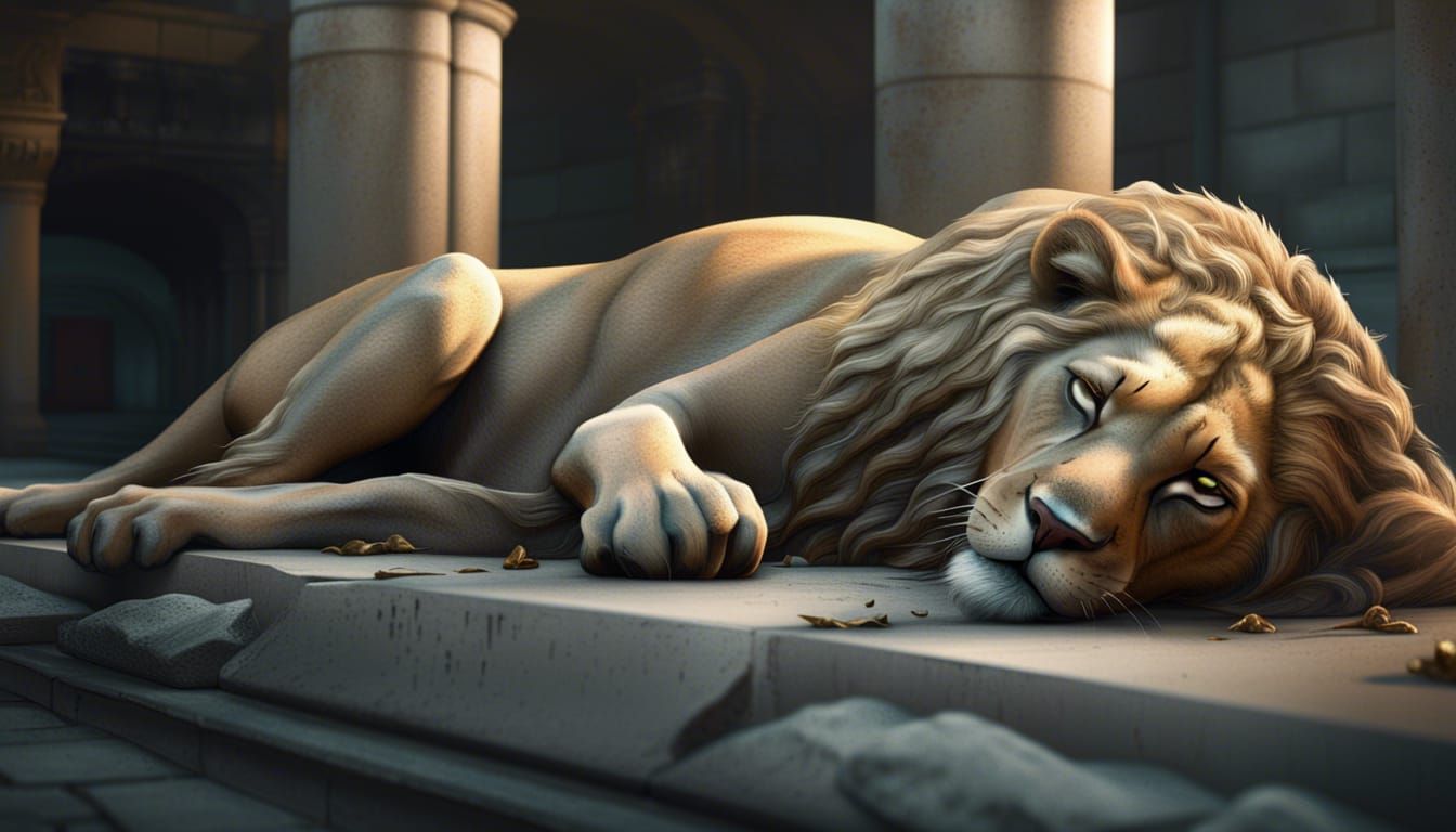Sleeping Lioness in Concrete: Epic Digital Painting