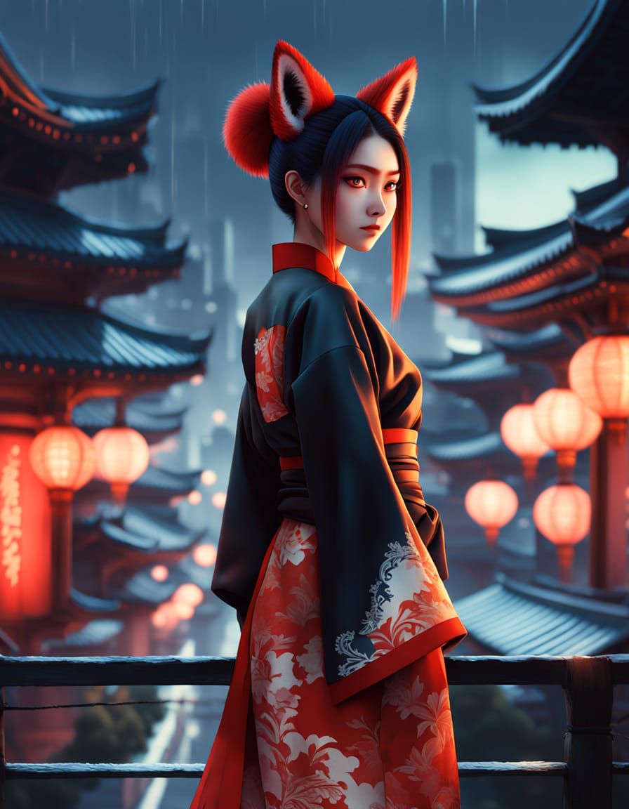 Kitsune Inspired Woman on Rooftop in Anime Style