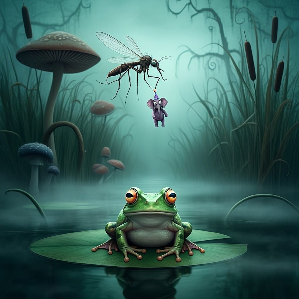 Startled Frog and Mosquito with Elephant in Gothic Style