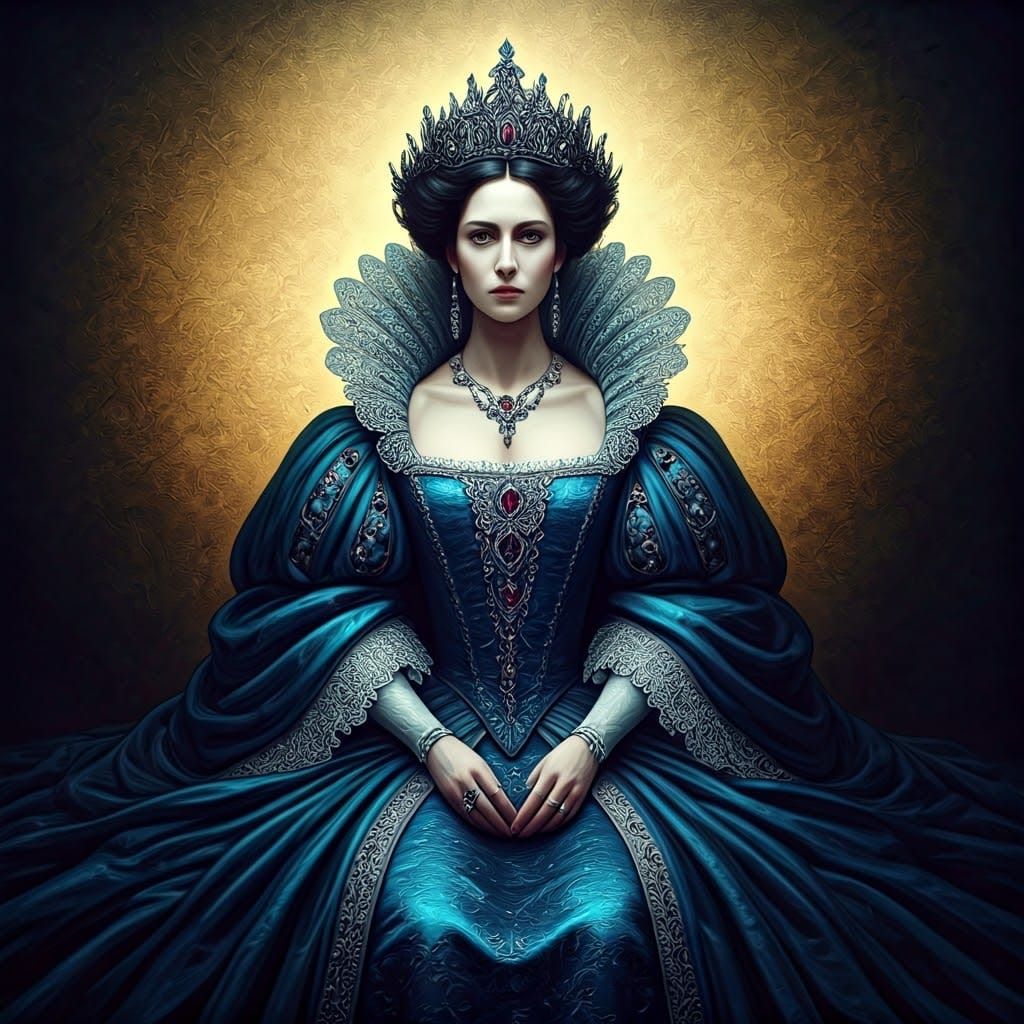 Regal Queen in Blue: A Hyperrealistic Oil Painting