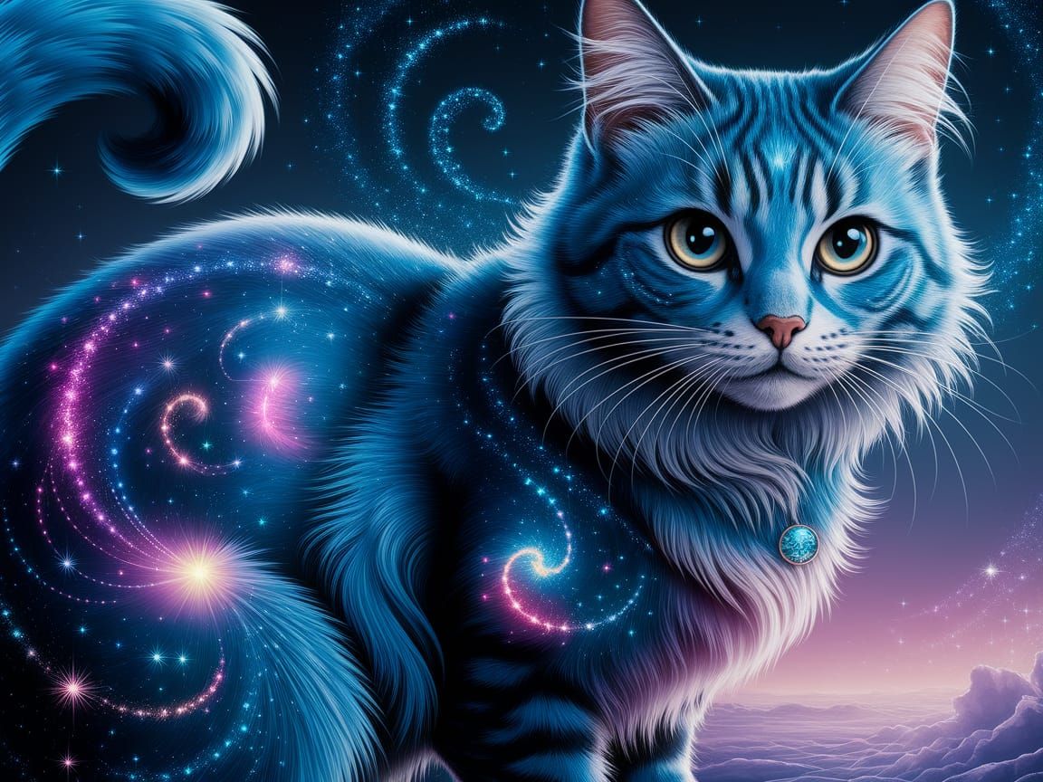 Cosmic Blue Cat in Dreamy Night Sky