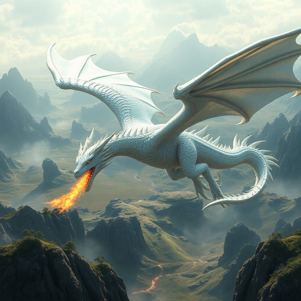 White Dragon Soaring Over Fantasy Landscape