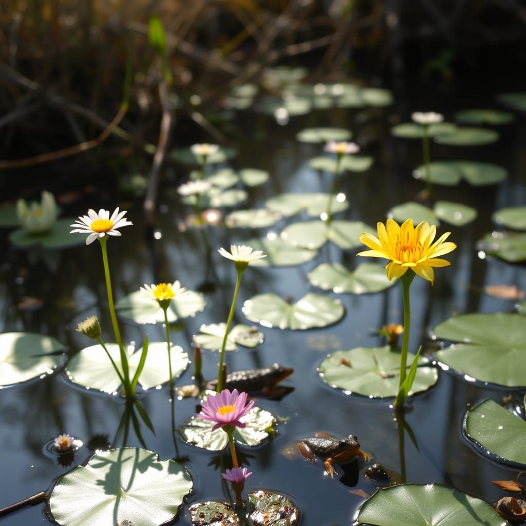 Vibrant Spring Landscape with Diverse Blooms and Serene Pond