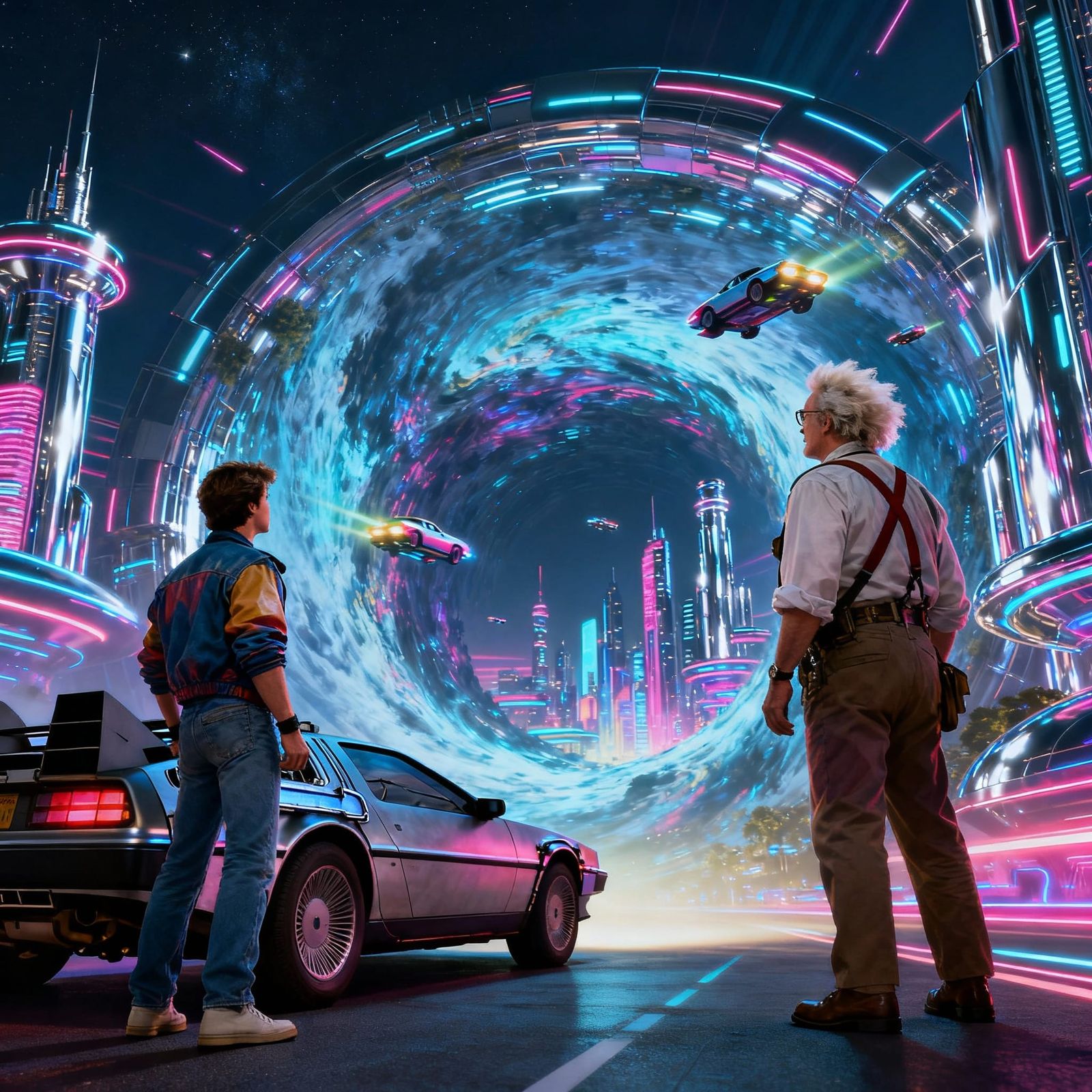 DeLorean Time Machine Opens Portal to Futuristic Cityscape