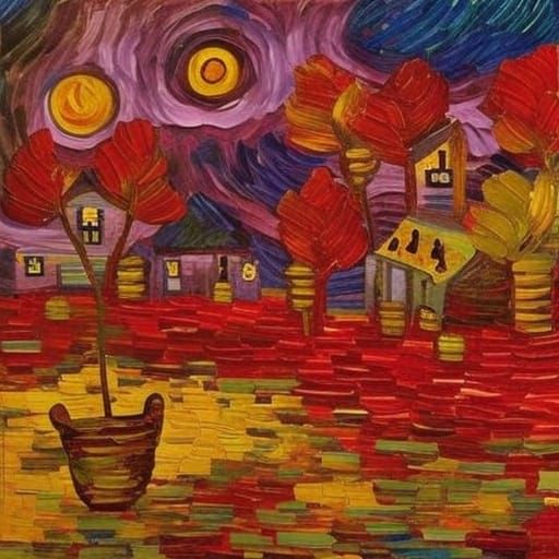 Starry Night Landscape as Impasto Oil Painting