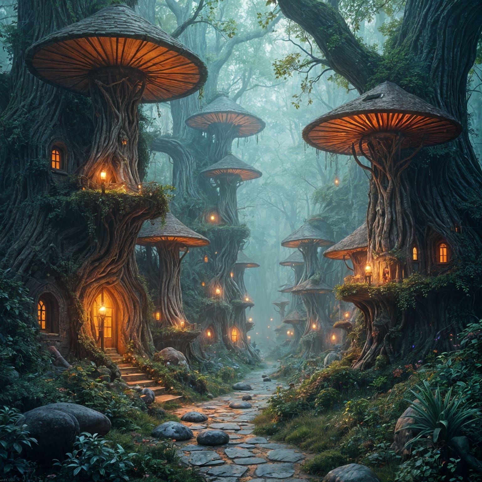 Elven Mushroom City in Forest: Fantasy Concept Art