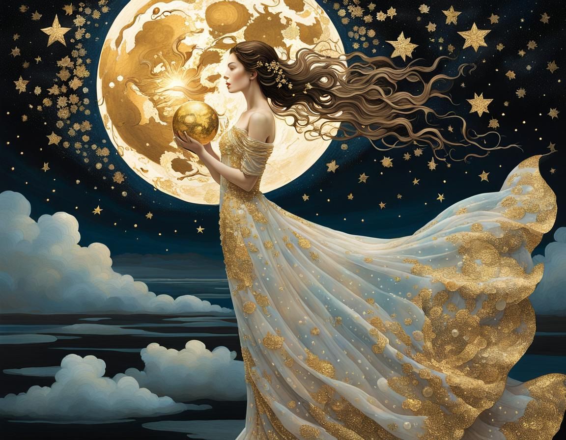 Woman Holds Moon in Starry Sky, Klimt and Bacon Style