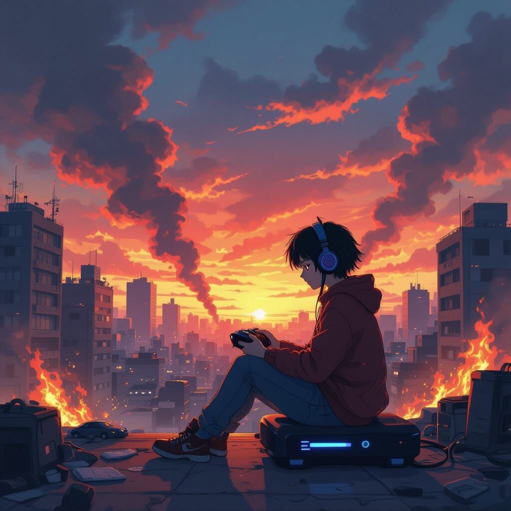 Gamer Undisturbed by City Ablaze, Anime Style