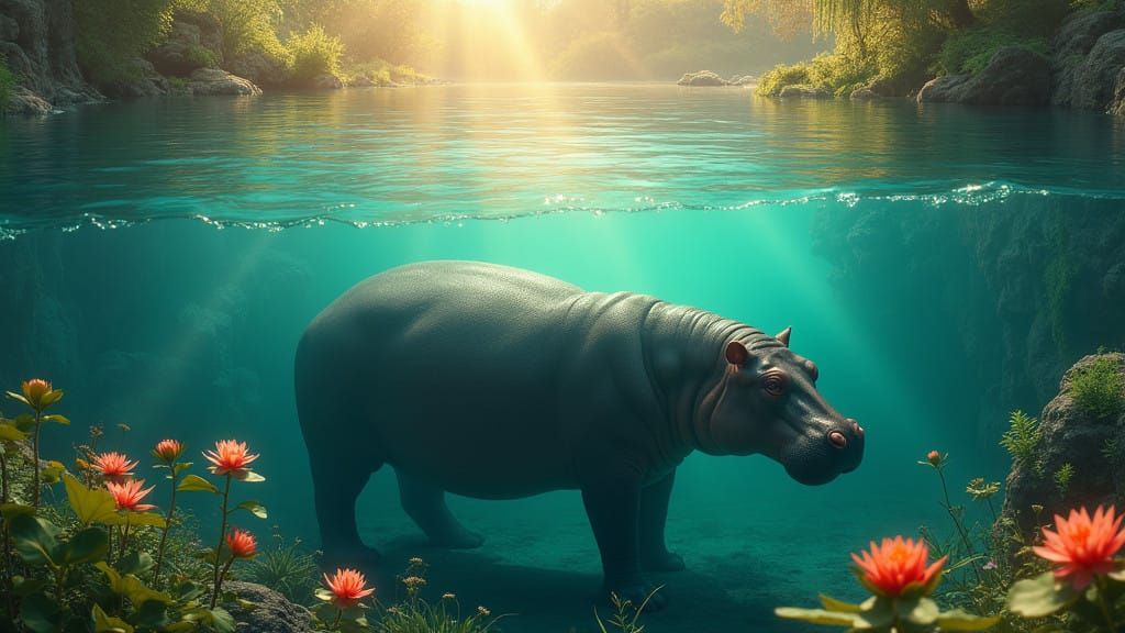 Ethereal Hippopotamus in Tropical Oasis