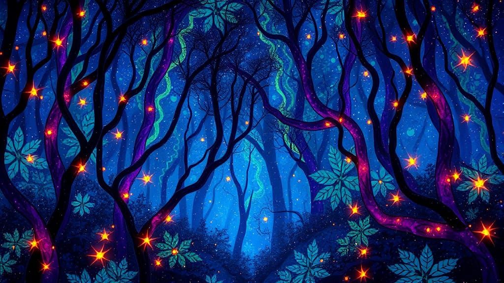 Glowing Celestial Forest in Stained Glass Style