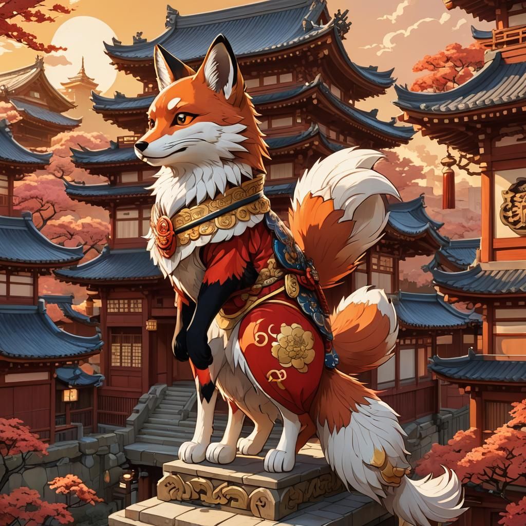Red Kitsune Sunset on Japanese Building