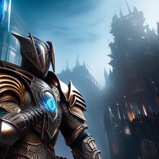 Epic Magic Knight in Ruined City, Digital Art