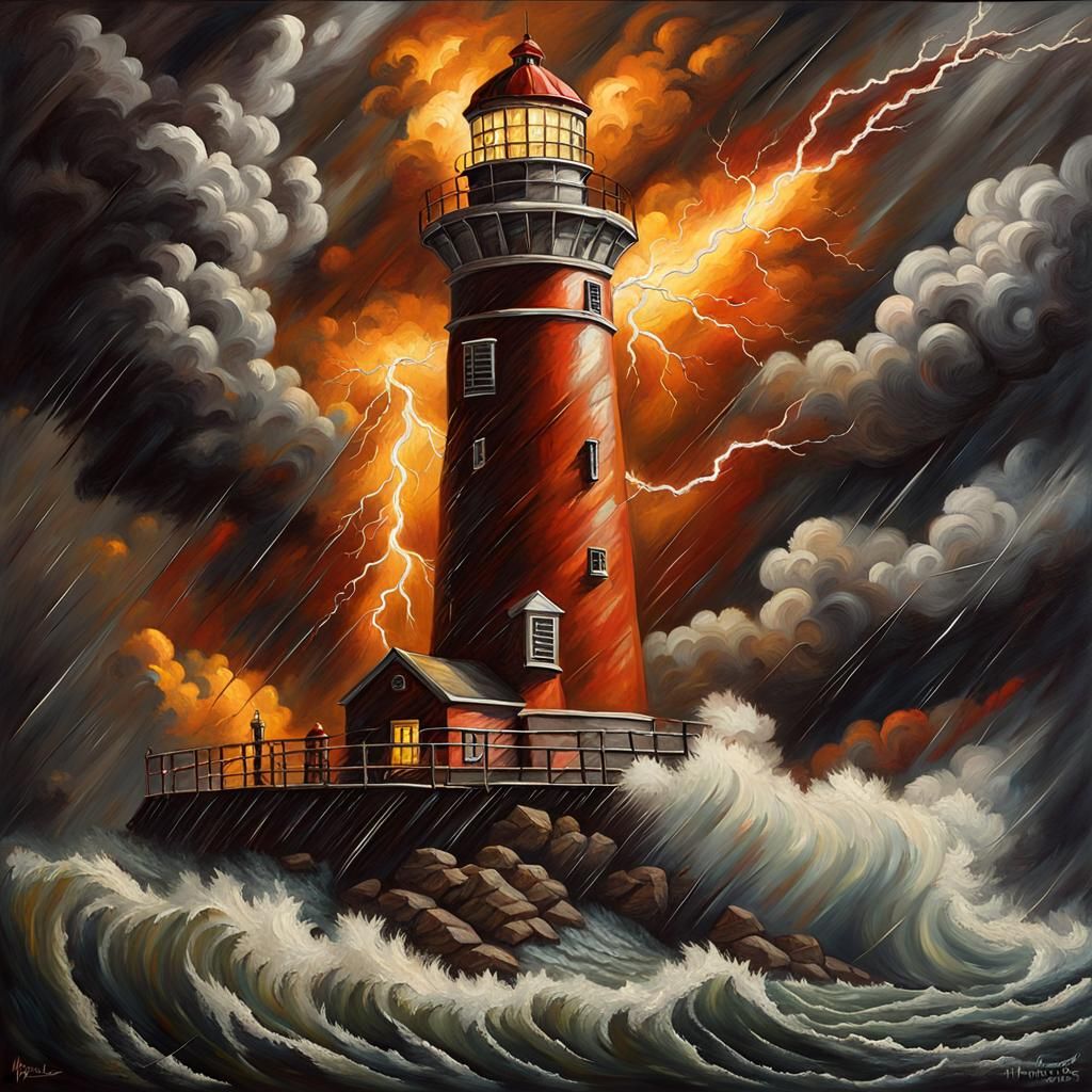 Dramatic Seascape Painting of Stormy Sea with Lighthouse
