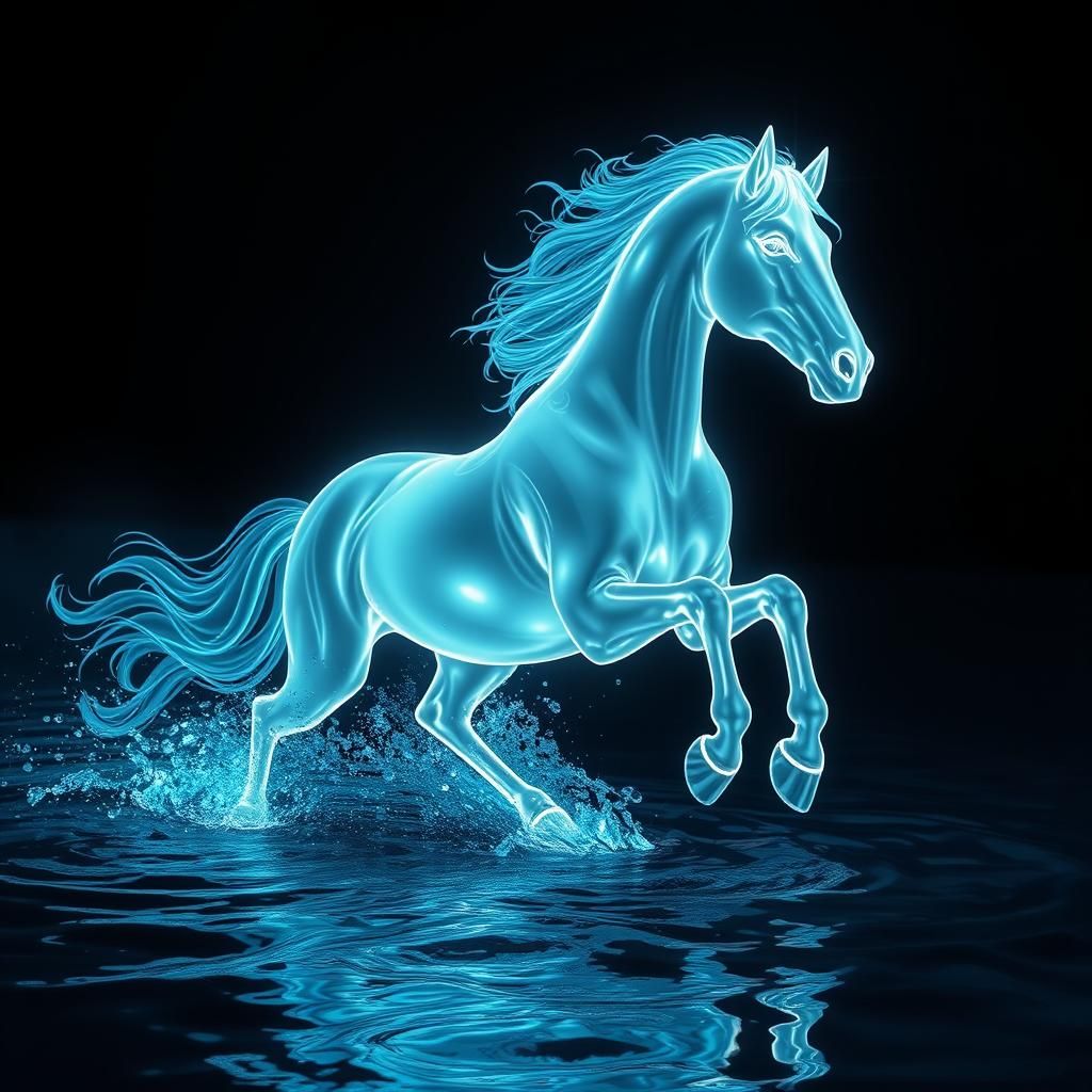 Majestic Neon Horse Composed of Translucent Water