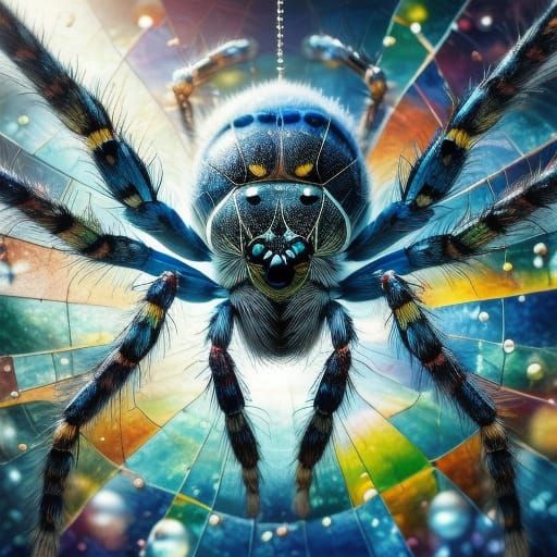 Blue Spider in Stained Glass Web: Digital Art