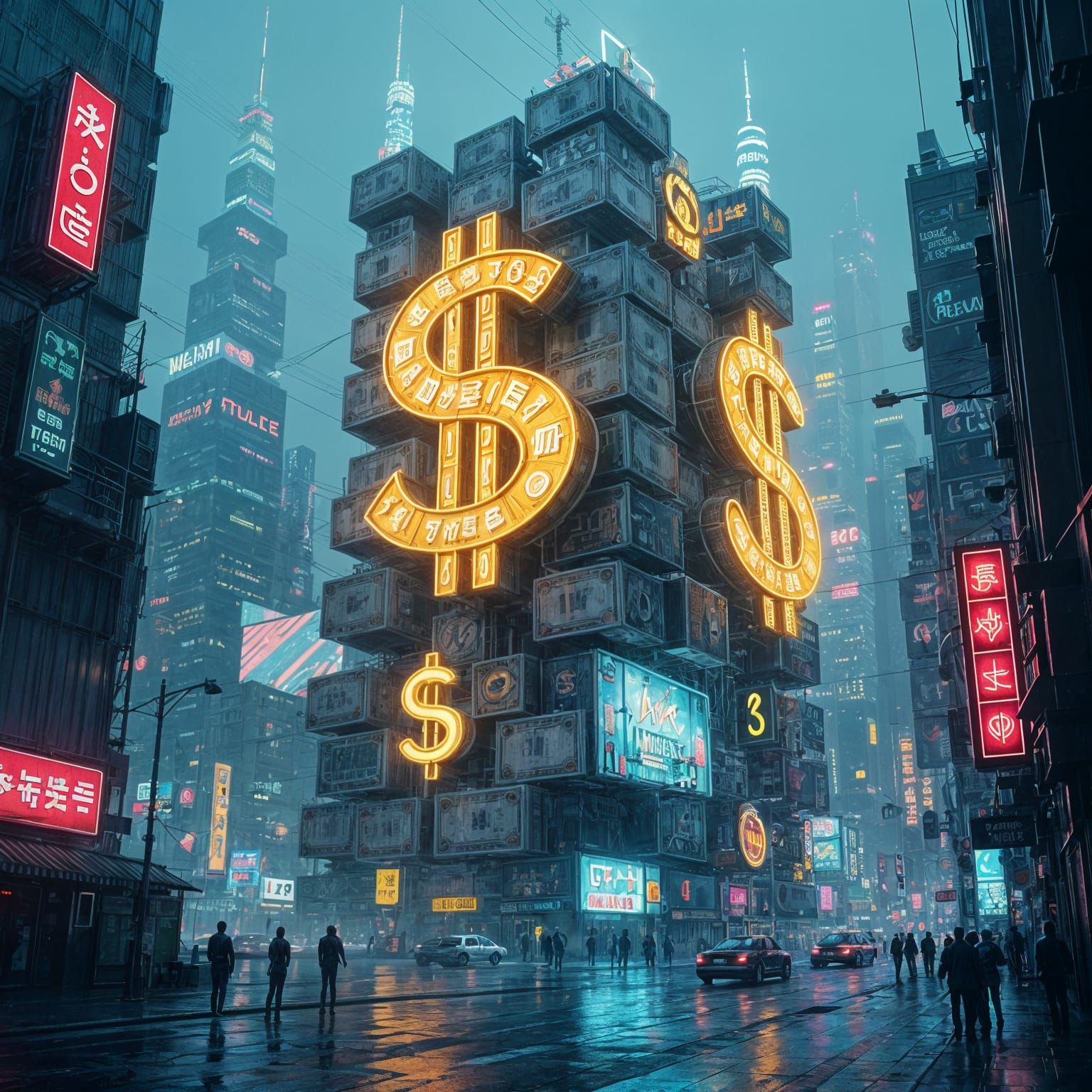 Cyberpunk Cityscape of Currency Buildings