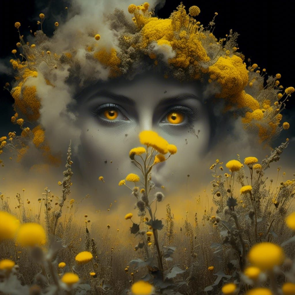 Macabre Pollen Storm with Yellow Dust and Flowers