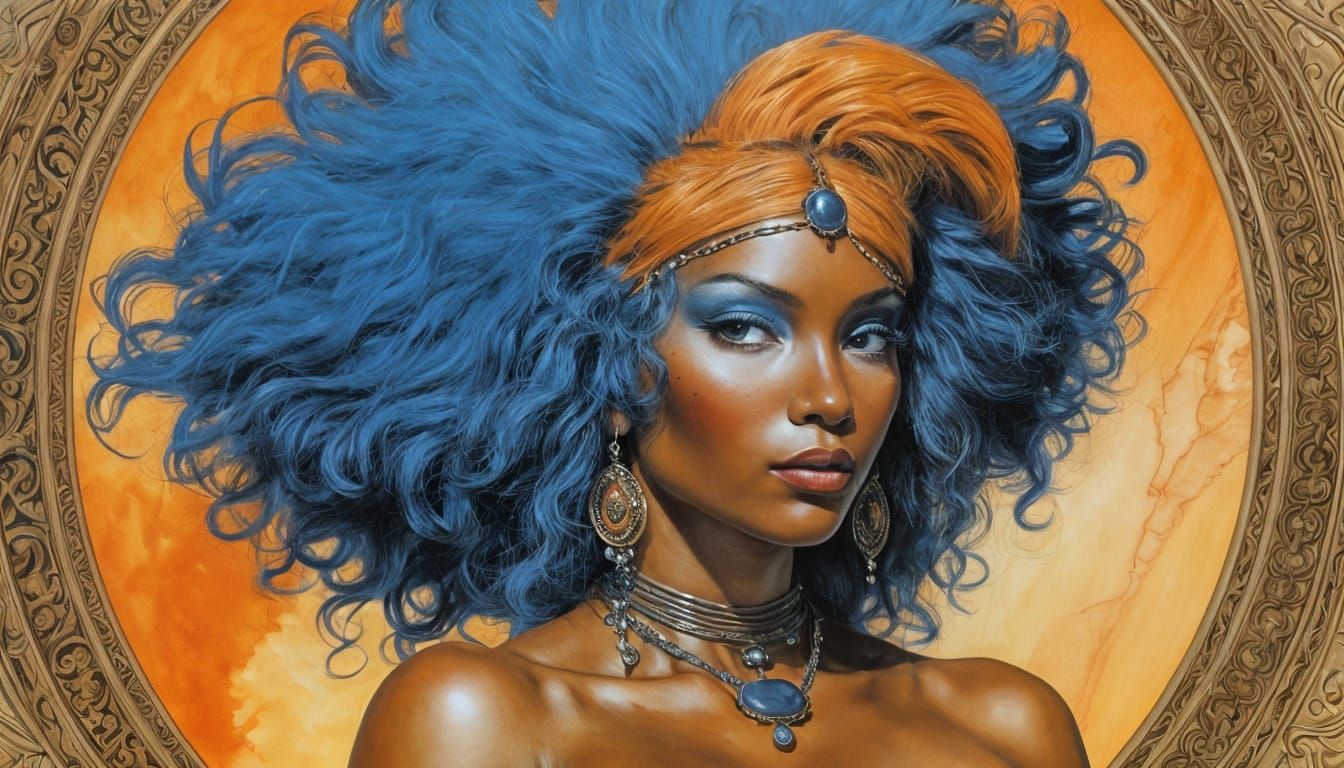 Hyperdetailed Afro American Venus in Provocative Orange Blue...