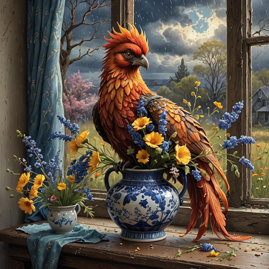Fluffy Phoenix with Wildflowers in Blue Willow Vase