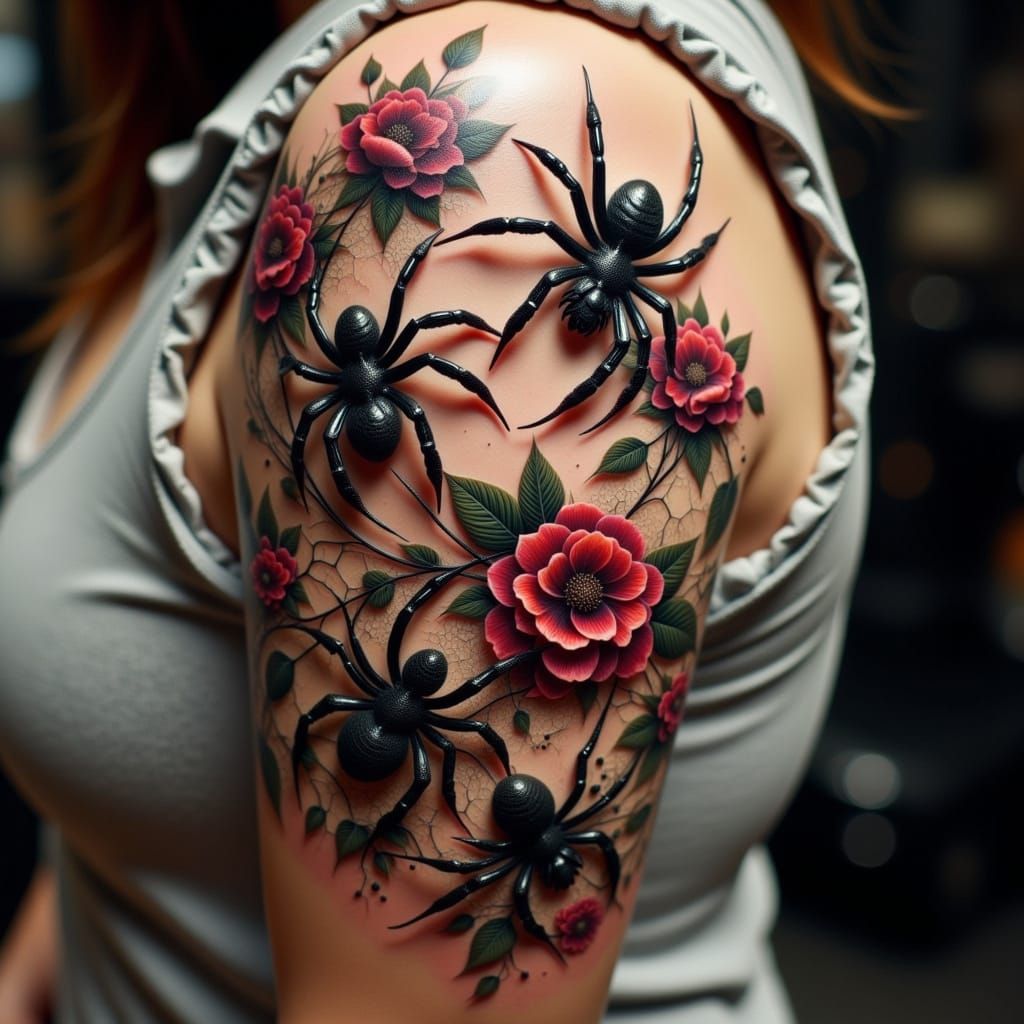 Realistic 3D Tattoo of Black Widow Flowers and Spider Webs