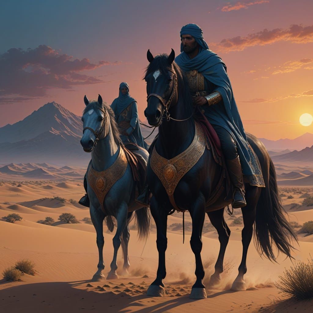 Majestic Arabian Warrior in Golden Desert Landscape