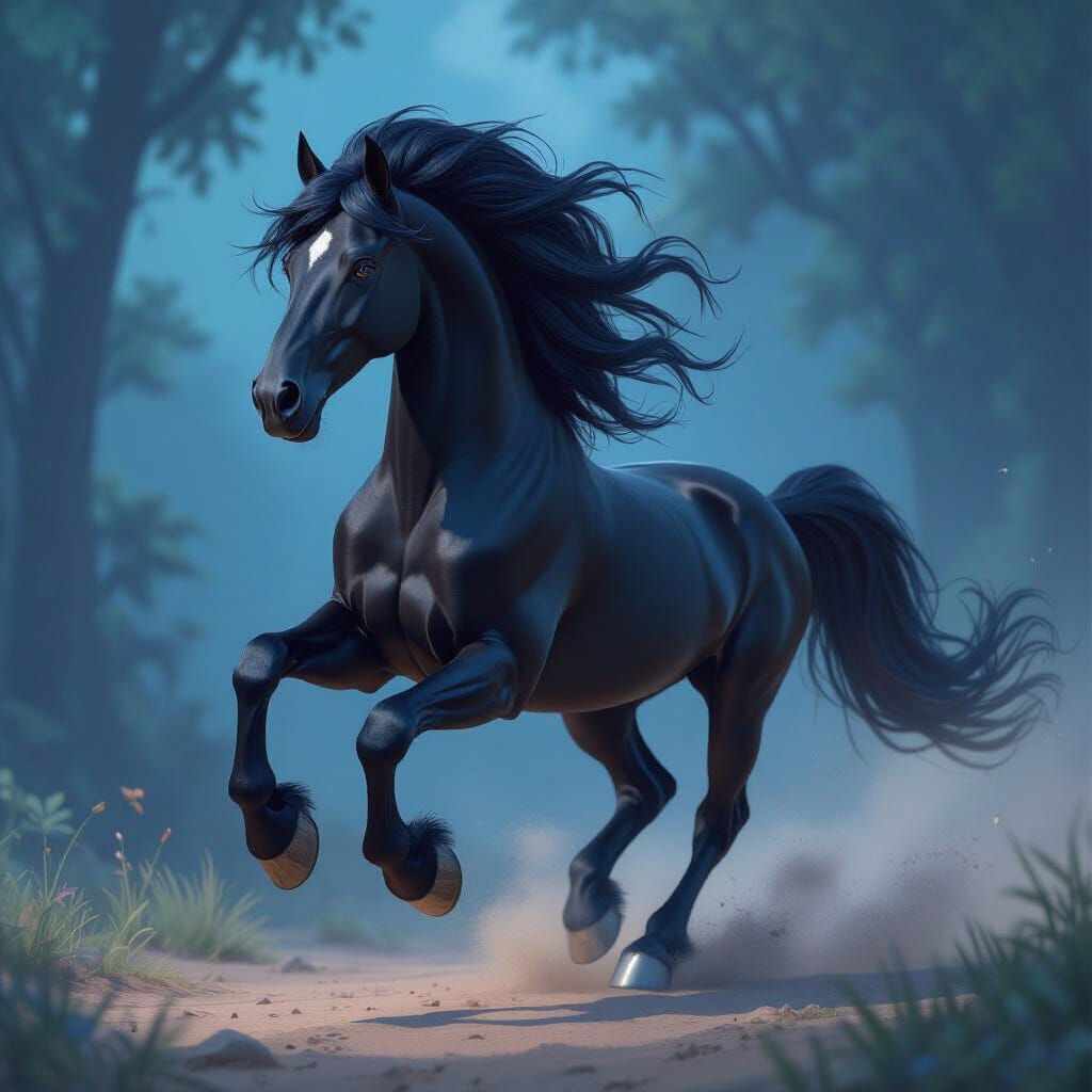 Majestic Black Anime Horse in Fantasy Landscape