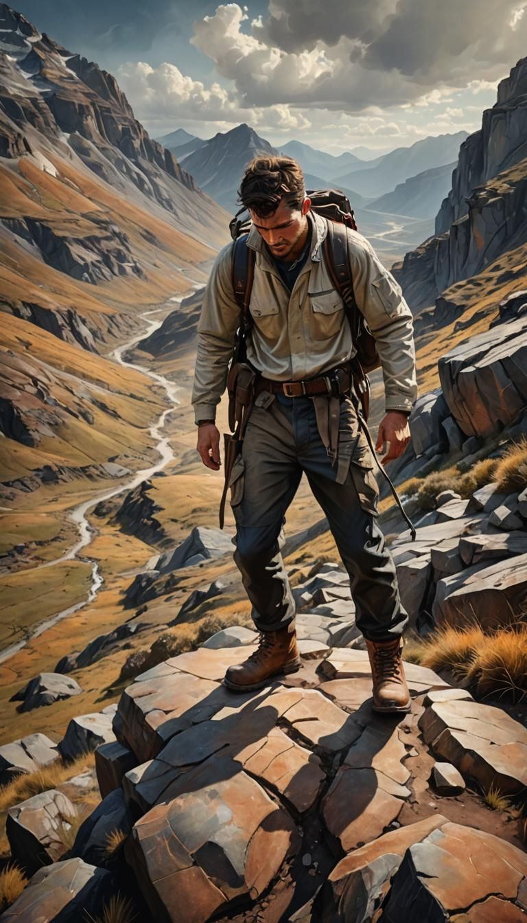 Young Traveller on Mountain in Oil Painting Style