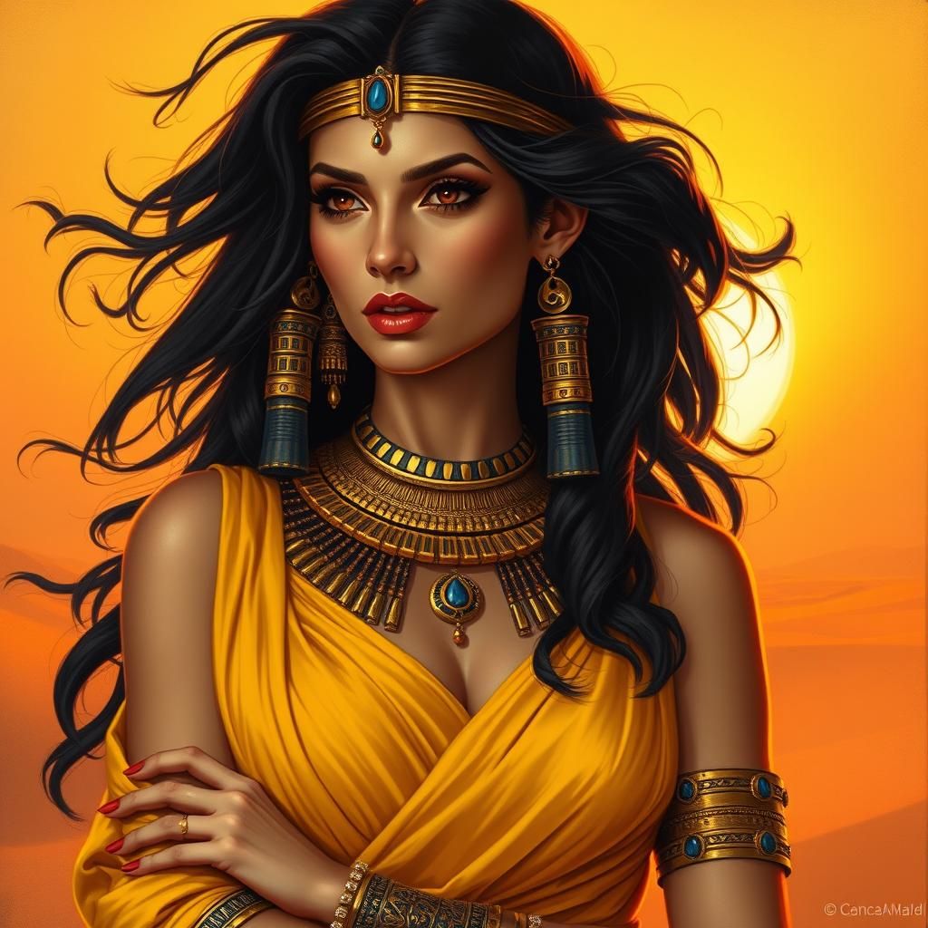 Regal Egyptian Woman in Golden Sunset, Frazetta Style