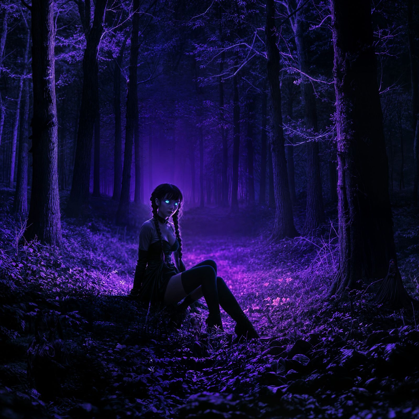 Gothic Girl in a Purple-Lit Forest