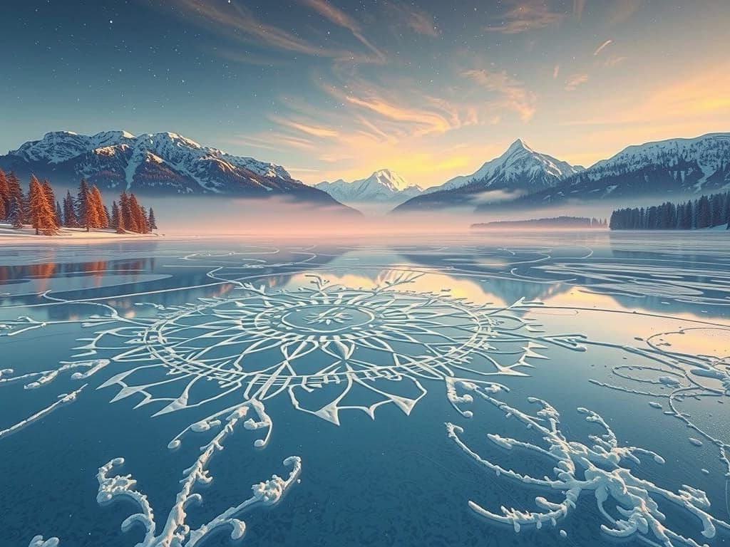 Cinematic Winter Landscape with Swirling Fractal Ice Crystal...
