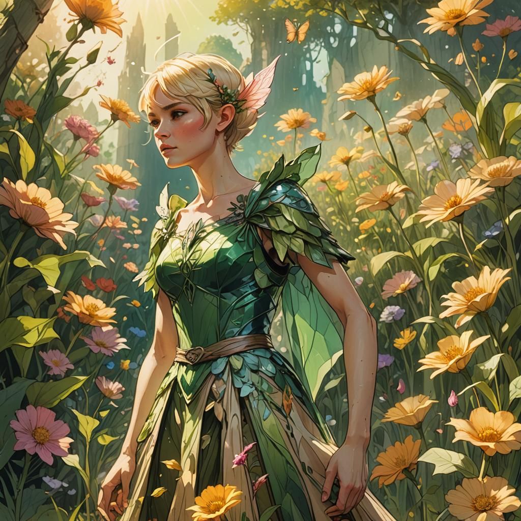 Fae Woman in Giant Flowers, Crayon Art