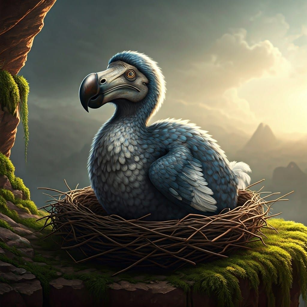 Flightless Dodo Perched on Cliff Edge in Whimsical Fantasy S...