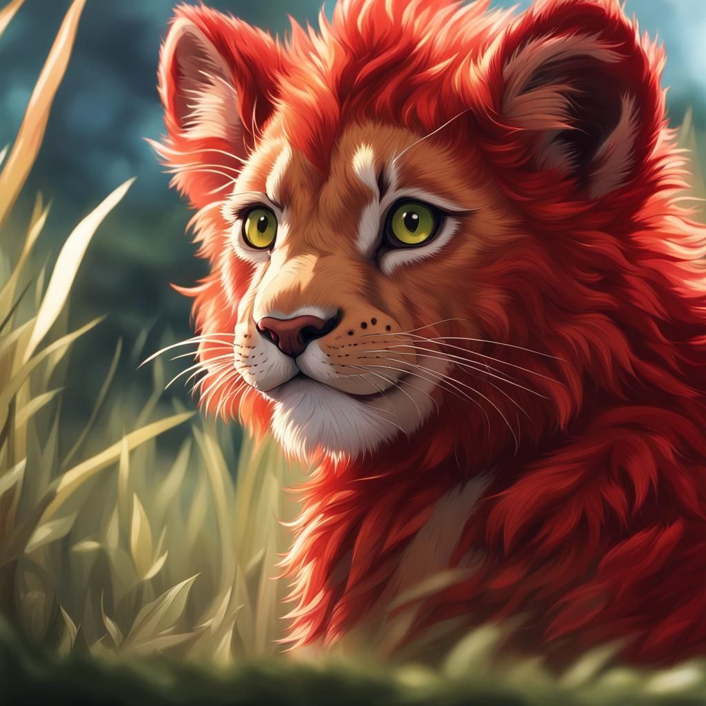 Realistic Red Lion Cub in Anime Style