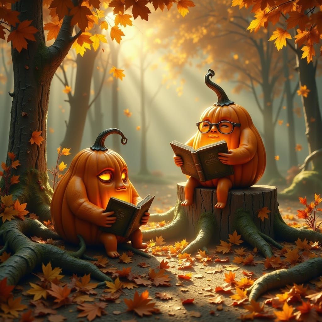 Whimsical Pumpkins Reading Books in Autumn Forest