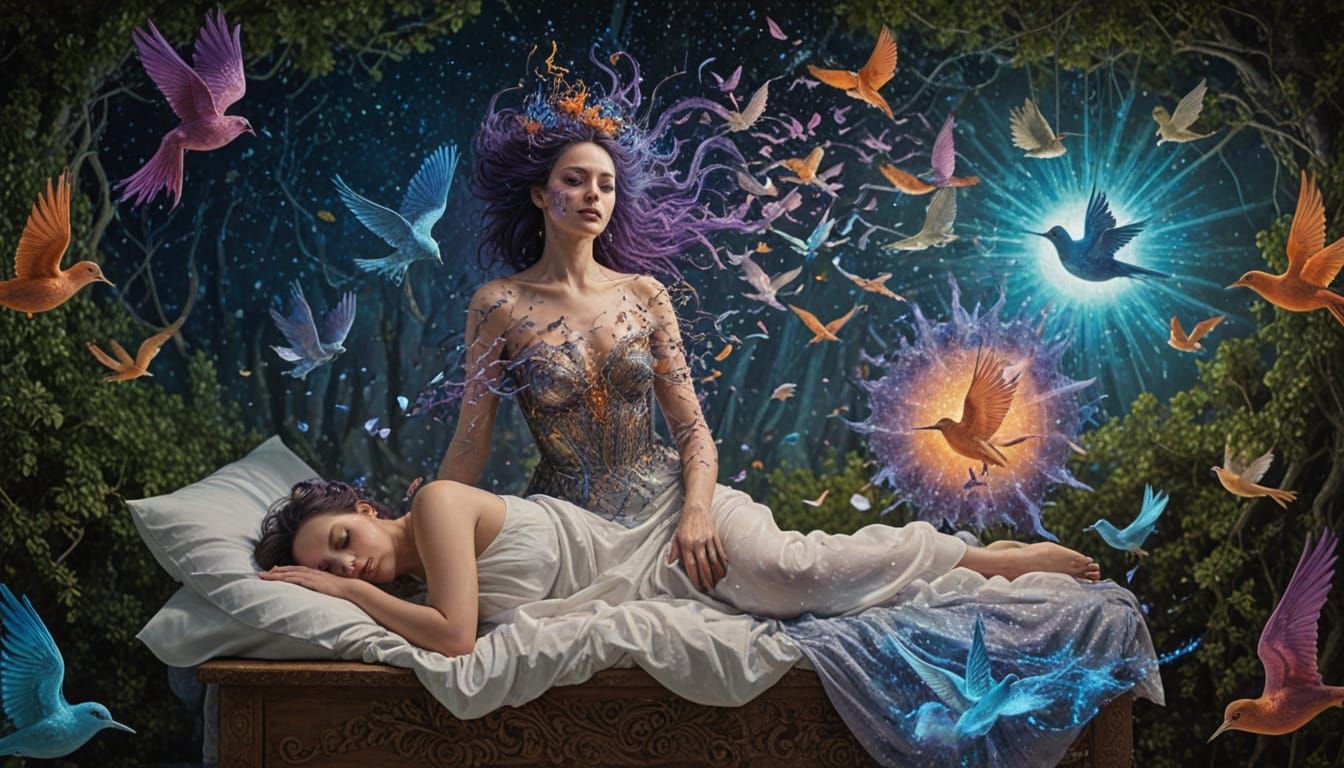 Woman Transforms into Birds Amidst Cosmic Energy