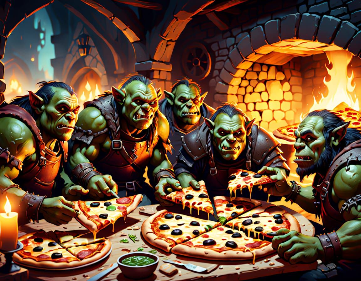 Orcs Eating Pizza in Fantasy Illustration Style