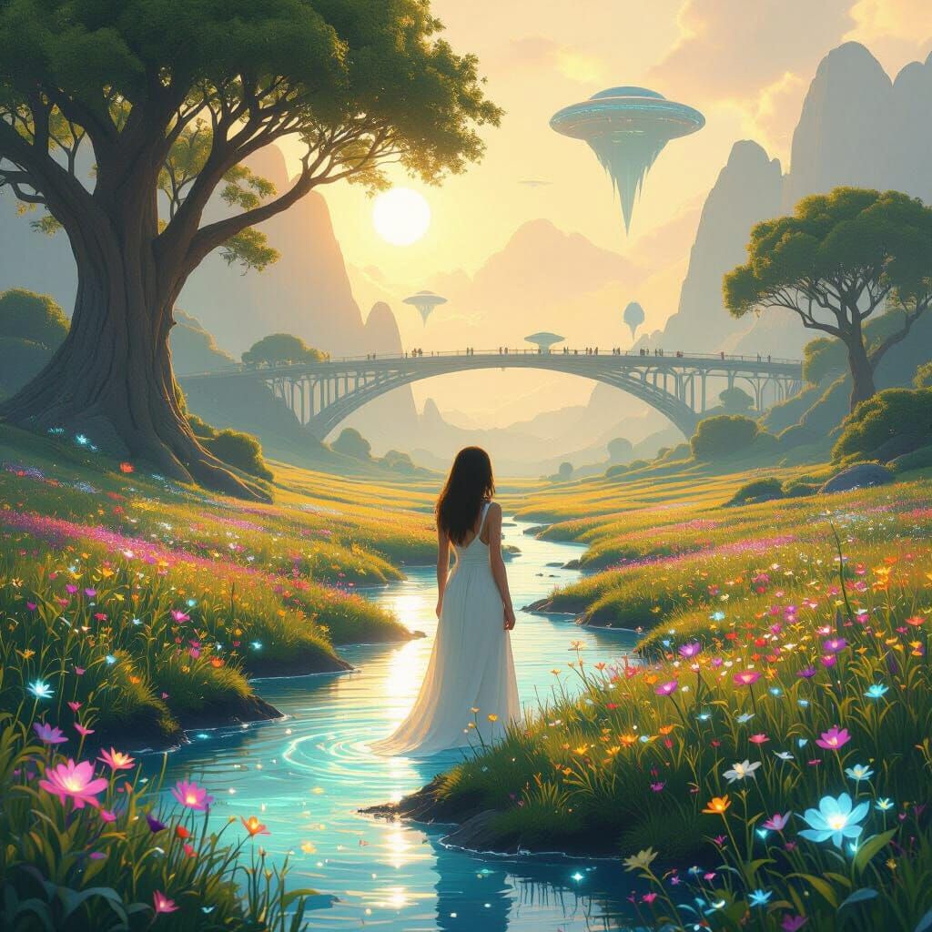 Utopian Meadow with Bioluminescent Flowers