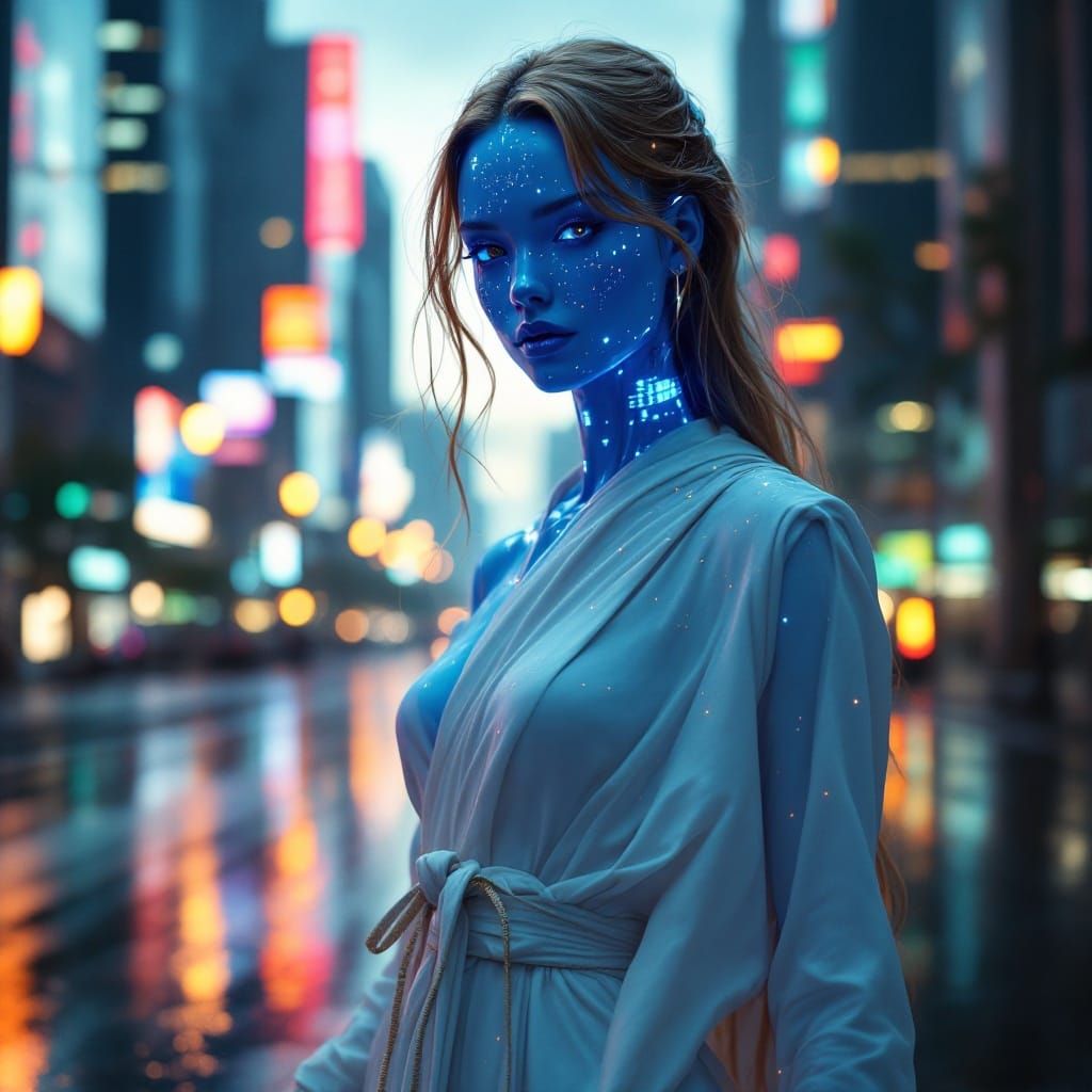 Elegant Android Goddess in Futuristic Cityscape