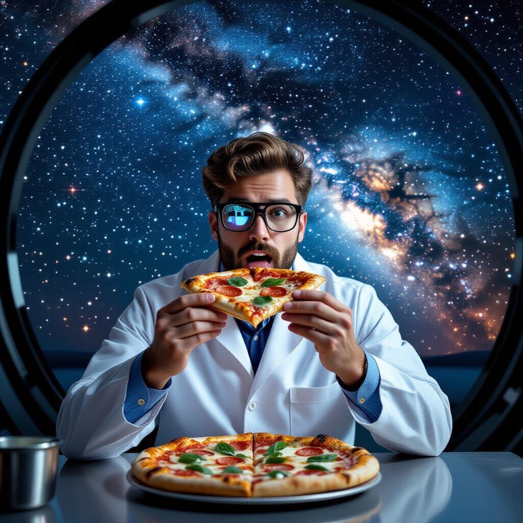 Researcher Eating Pizza Under Starry Sky