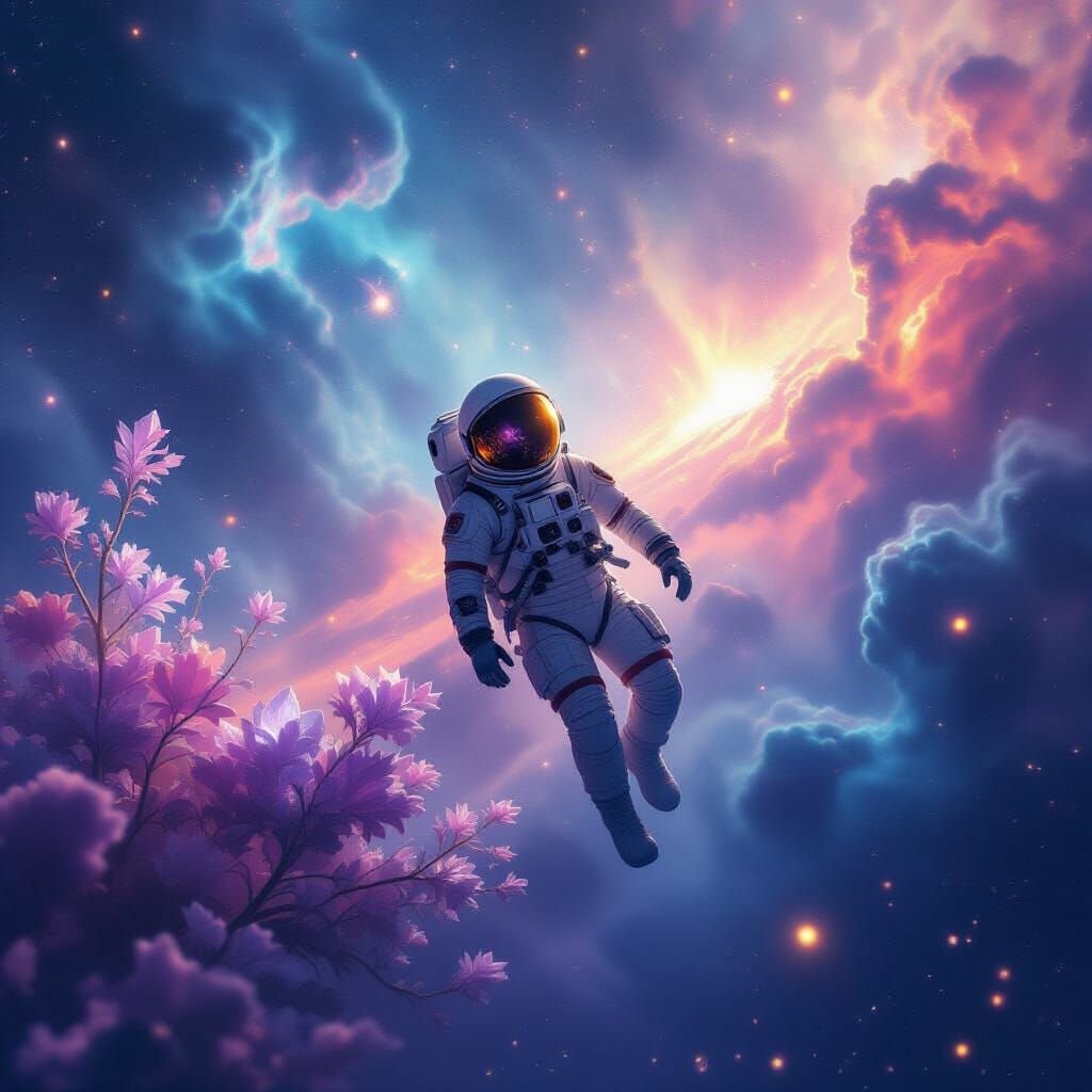 Astronaut Drifts Through Nebula with Glowing Space Flora